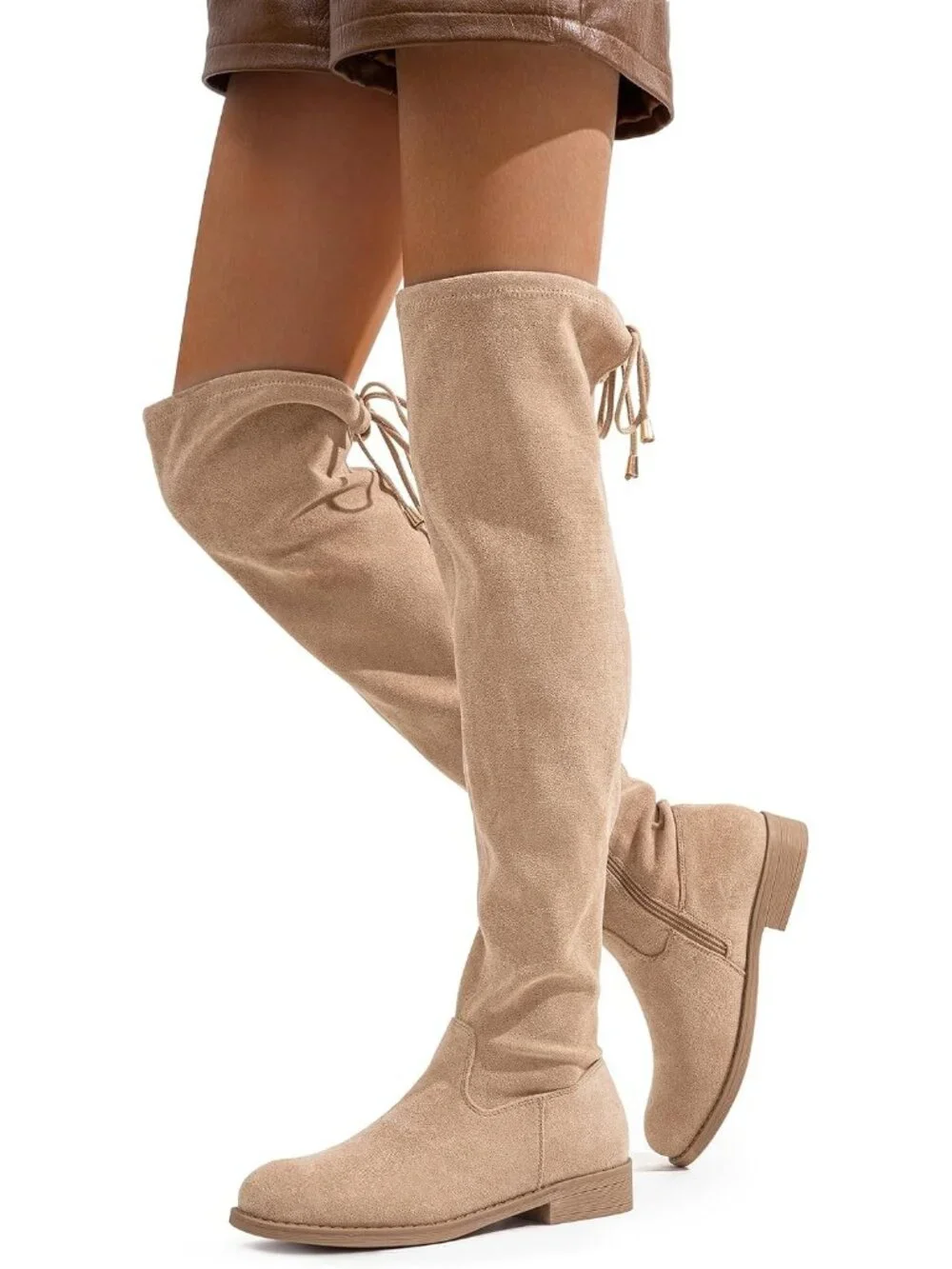 Women's Sand Synthetic Suede Side Zipper Flat Heel Stretch Over The Knee Boots